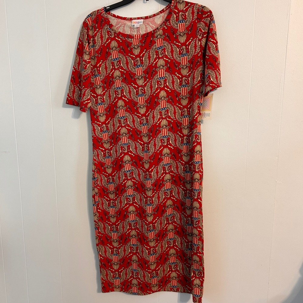 LuLaRoe Julia Dress Large Red Americana Eagle Patriotic Shield Short Sleeve Midi